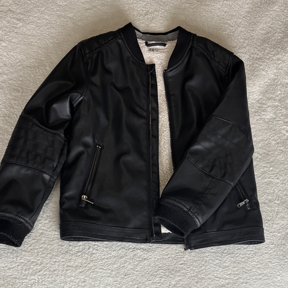H&M Black Faux Leather Bomber Jacket with Cream Sherpa Lining